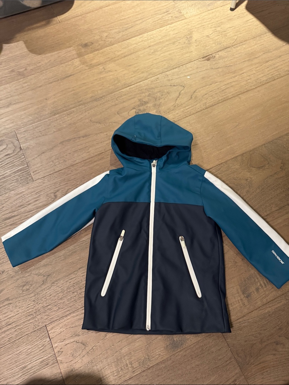 Jacadi Teal and Navy Hooded Raincoat with White Trim